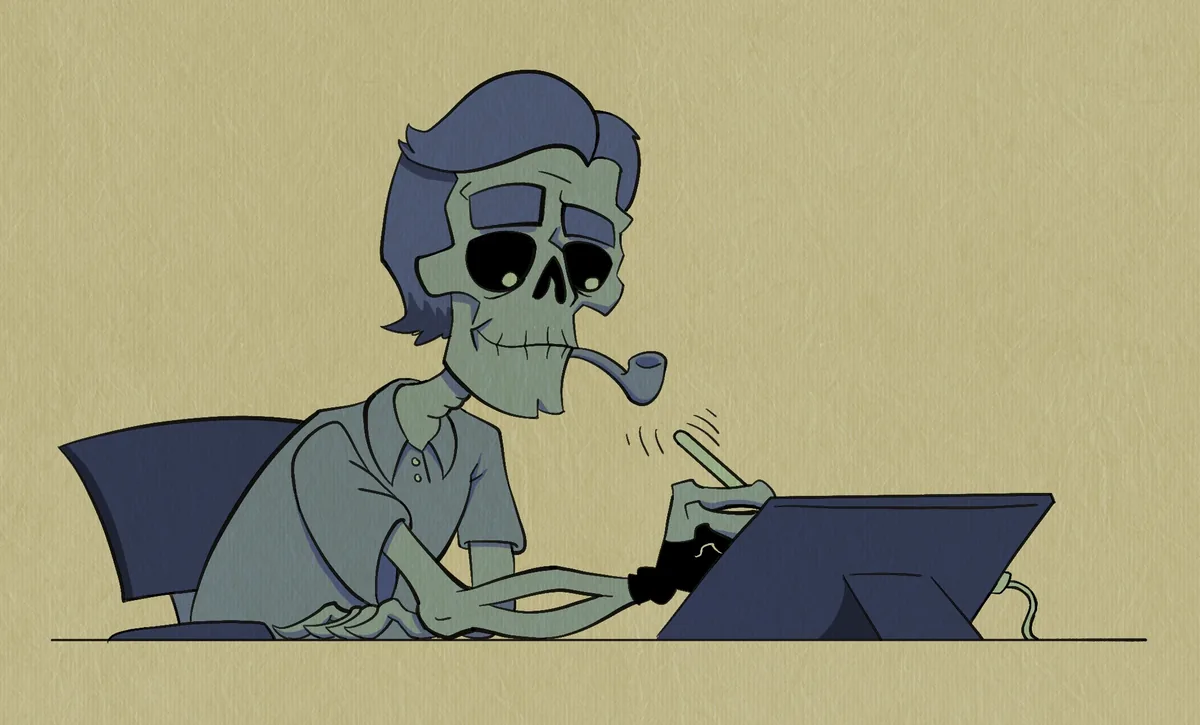 The skeletal author at his desk, pipe in mouth, drawing on a tablet.