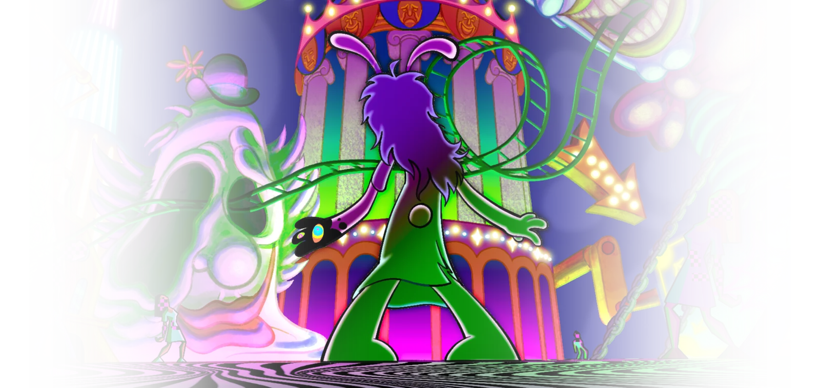 Jax, seen from behind, stands in a glowing neon carnival: a giant melting clown face, a striped circus tower, roller-coaster tracks, and faceless checkered figures.