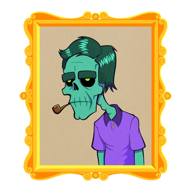The author: a green skeleton with slicked-back hair and a pipe, wearing a purple polo, in an ornate gold picture frame.