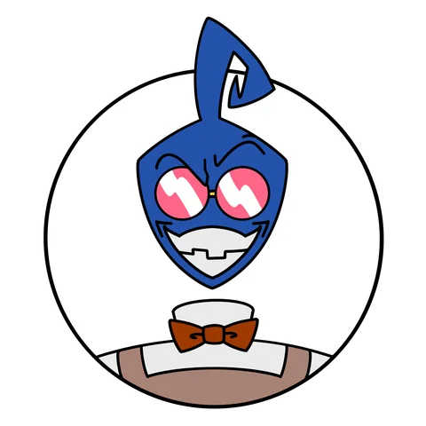 McCoffee: a blue, pointed head with round pink glasses and a toothy grin, floating over a collar, bow tie, and suspenders.