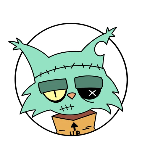 Schrödinger: a stitched-up mint-green cat with one sleepy yellow eye and one X-marked eye, peeking out of a cardboard box.